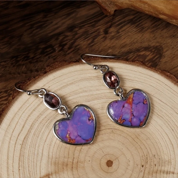 Creative Purple Stone Long Boho Geometric Oval Amethyst Dangle Earrings. - Picture 6 of 6